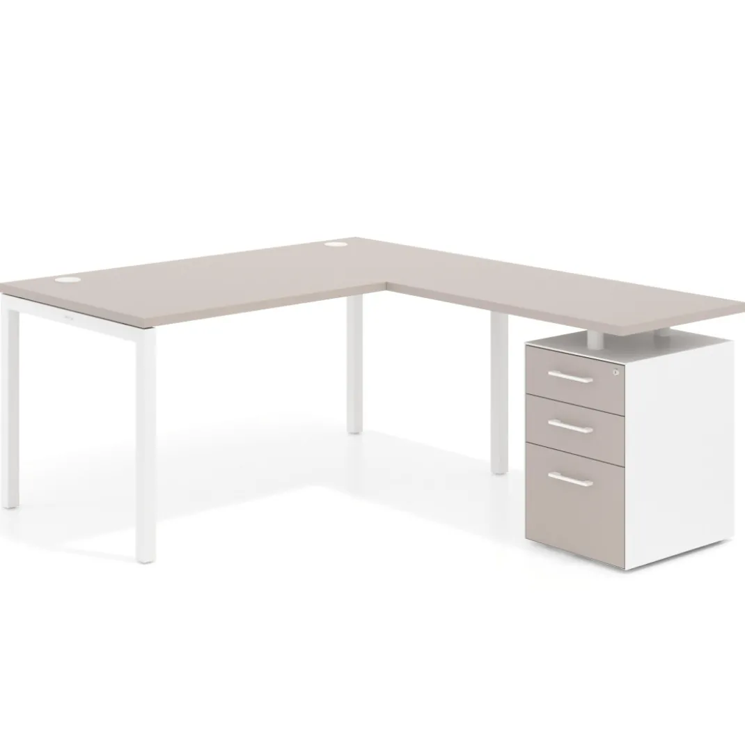 Mesa de dirección en L con cajones Kube, fondo 100, frontales melamina, estructura blanca