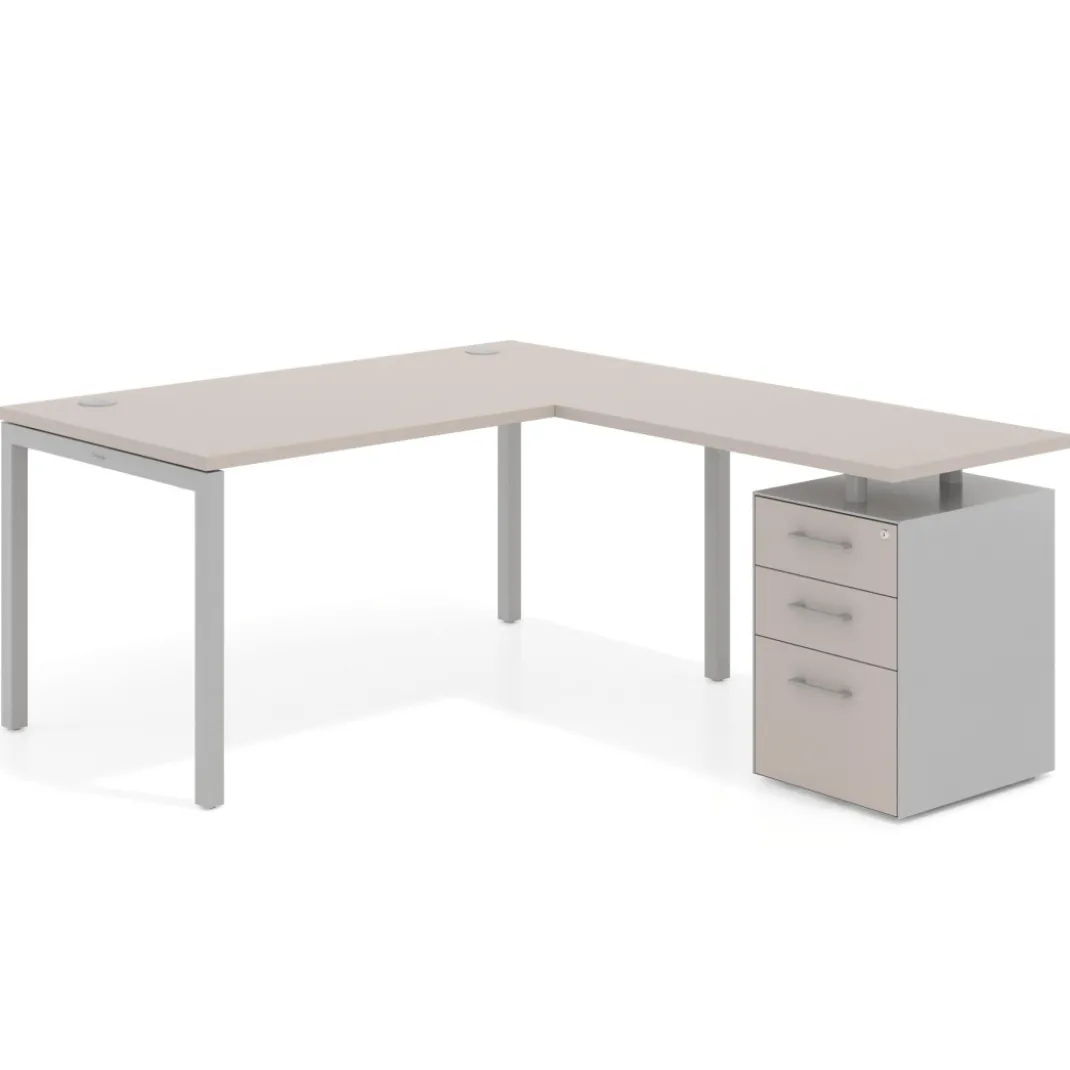 Mesa de dirección en L con cajones Kube, fondo 100, frontales melamina, estructura aluminio