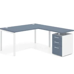 Mesa de dirección en L con cajones Kube, fondo 100, frontales melamina, estructura blanca