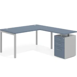Mesa de dirección en L con cajones Kube, fondo 100, frontales melamina, estructura aluminio