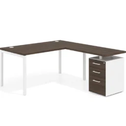 Mesa de dirección en L con cajones Kube, fondo 100, frontales melamina, estructura blanca