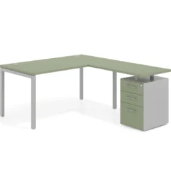 Mesa de dirección en L con cajones Kube, fondo 100, frontales melamina, estructura aluminio