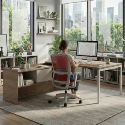 Mesa de dirección en L Kube fondo 100cm con ala+cajones WorkPlus estructura blanco