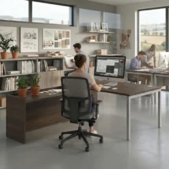 Mesa de dirección en L Kube fondo 100 con ala ancha, estructura aluminio
