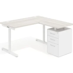 Mesa de Escritorio con cajones, fondo 68cm, estructura blanca, ala corta, pedestal metálico