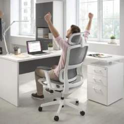 Mesa de Escritorio con cajones en L Work Plus fondo 60, frontales melamina estructura blanco mate