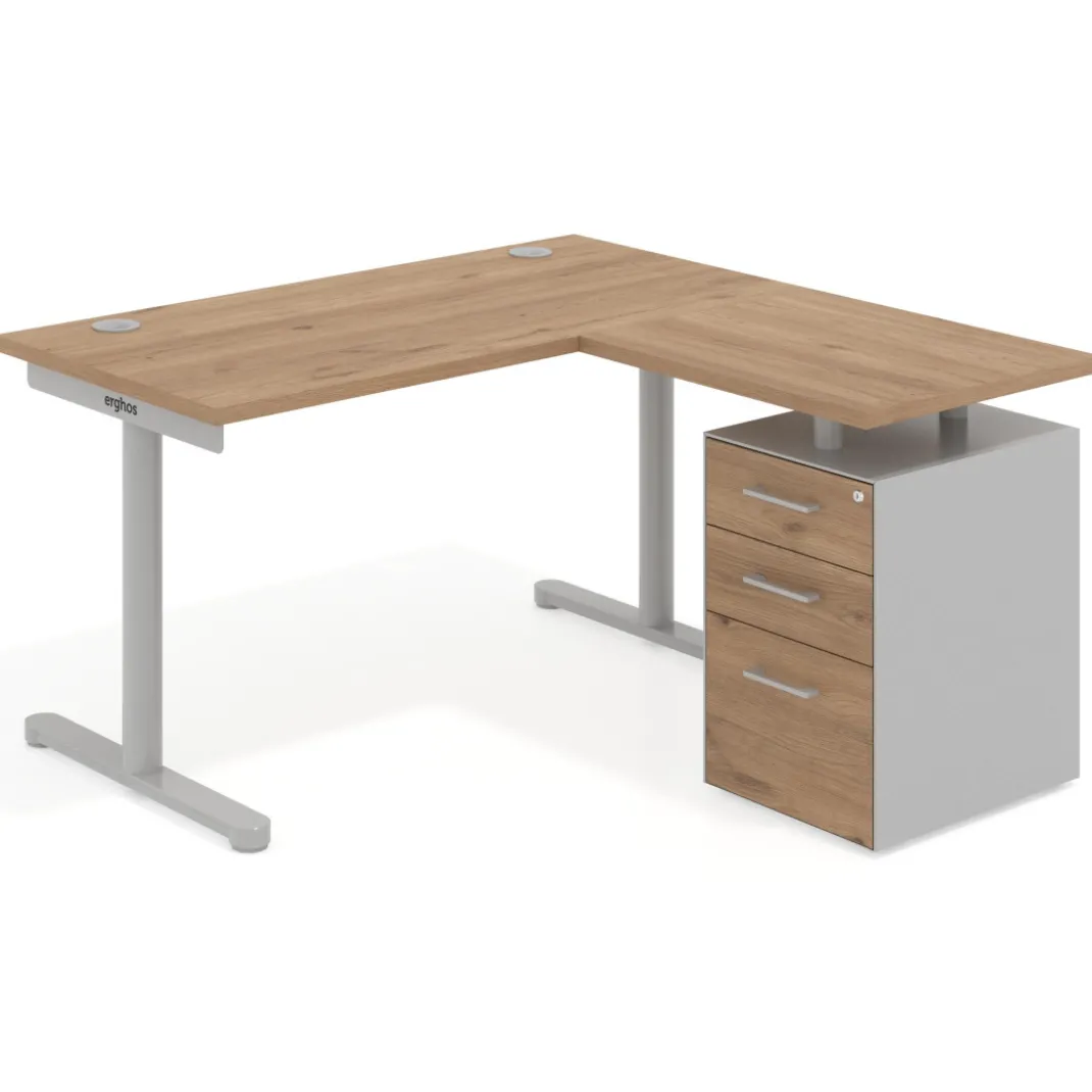 Mesa de Escritorio con cajones, fondo 68cm, estructura aluminio, ala corta, pedestal melamina