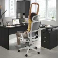 Mesa de Escritorio con cajones en L Work Plus fondo 60, frontales de metal estructura bocamina