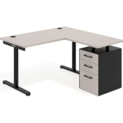 Mesa de Escritorio con cajones, fondo 68cm, estructura negra, ala corta, pedestal melamina