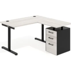 Mesa de Escritorio con cajones, fondo 68cm, estructura negra, ala corta, pedestal melamina