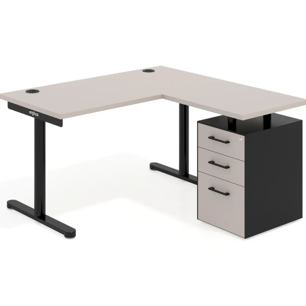 Mesa de Escritorio con cajones, fondo 68cm, estructura negra, ala corta, pedestal melamina