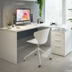 Mesa de Escritorio con cajones en L Work Plus, ala corta, fondo 60, frontales melamina estructura blanco mate