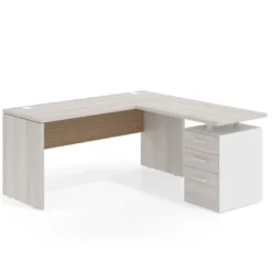 Mesa de Escritorio con cajones en L Work Plus fondo 60, frontales melamina diseño rayado
