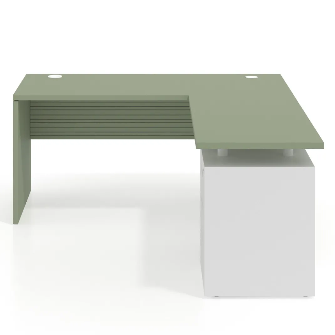 Mesa de Escritorio con cajones en L Work Plus fondo 60, frontales de metal diseño rayado