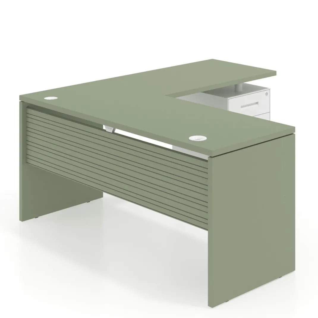 Mesa de Escritorio con cajones en L Work Plus fondo 60, frontales de metal diseño rayado