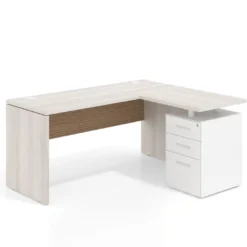 Mesa de Escritorio con cajones en L Work Plus, ala corta, fondo 60, frontales de metal diseño rayado