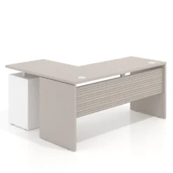 Mesa de Escritorio con cajones en L Work Plus, ala corta, fondo 60, frontales de metal diseño rayado