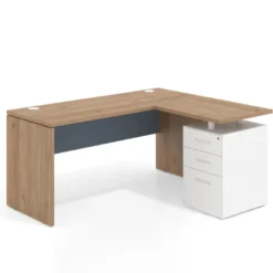 Mesa de Escritorio con cajones en L Work Plus, ala corta, fondo 60, frontales de metal estructura naturale