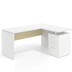 Mesa de Escritorio con cajones en L Work Plus, ala corta, fondo 60, frontales de metal estructura blanco mate