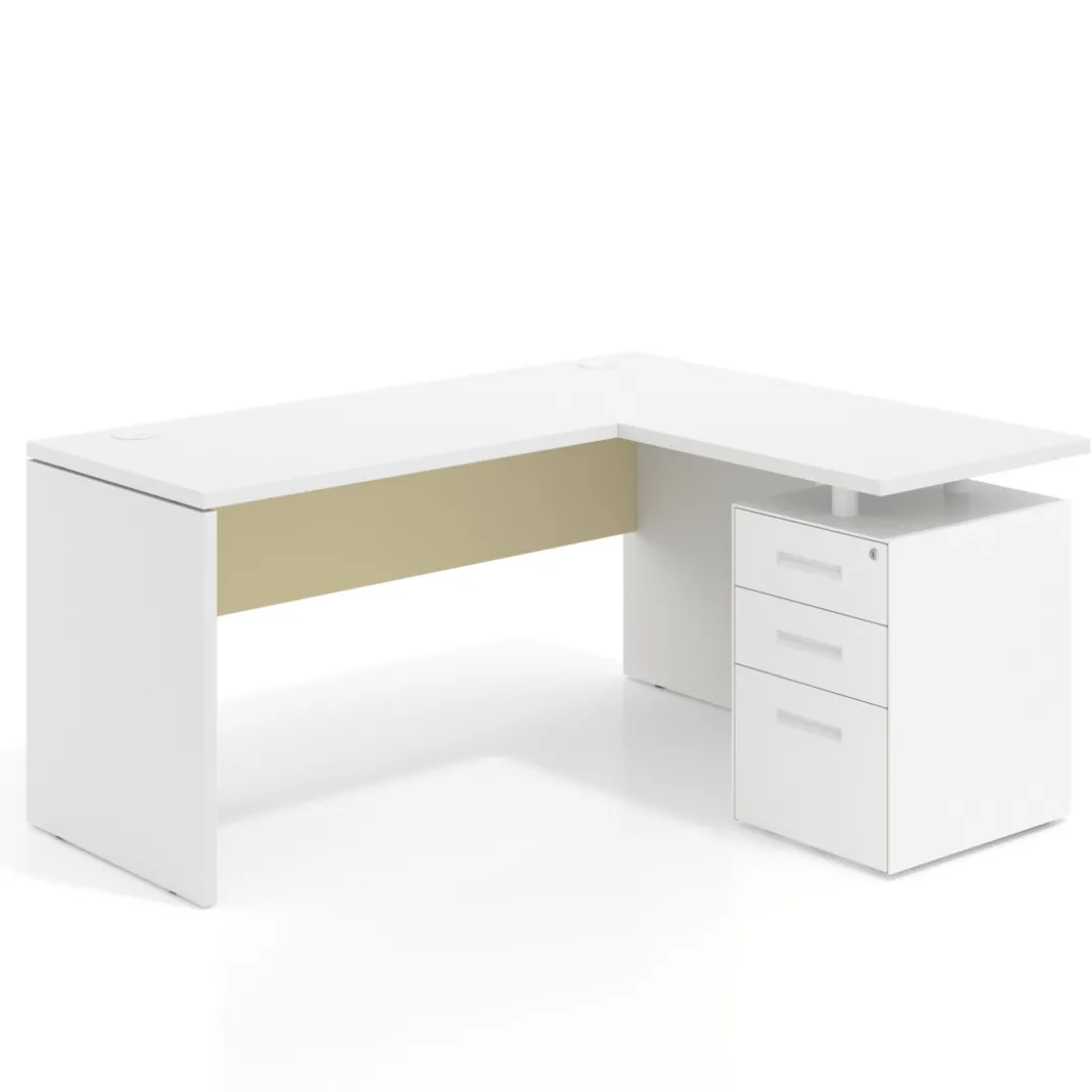 Mesa de Escritorio con cajones en L Work Plus, ala corta, fondo 60, frontales de metal estructura blanco mate