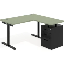 Mesa de Escritorio con cajones, fondo 68cm, estructura negra, ala corta, pedestal metálico