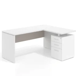 Mesa de Escritorio con cajones en L Work Plus, ala corta, fondo 60, frontales de metal estructura blanco mate