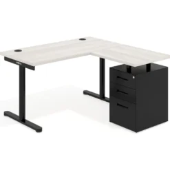 Mesa de Escritorio con cajones, fondo 68cm, estructura negra, ala corta, pedestal metálico