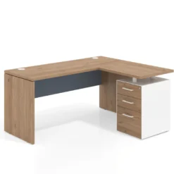 Mesa de Escritorio con cajones en L Work Plus, ala corta, fondo 60, frontales melamina estructura naturale