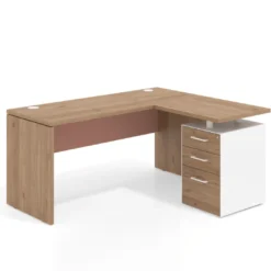 Mesa de Escritorio con cajones en L Work Plus, ala corta, fondo 60, frontales melamina estructura naturale