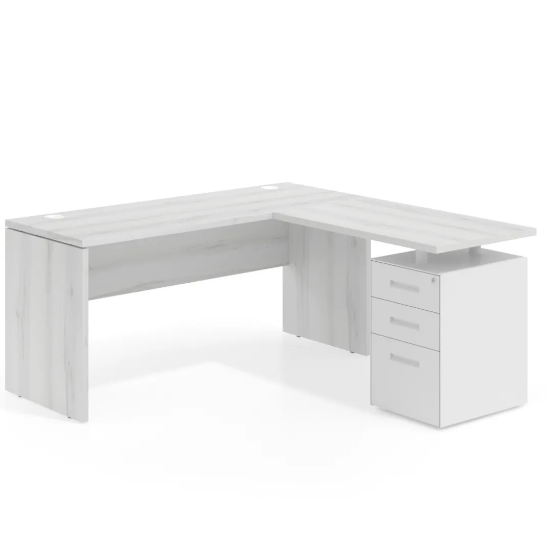 Mesa de Escritorio con cajones en L Work Plus fondo 60, frontales de metal diseño monocolor