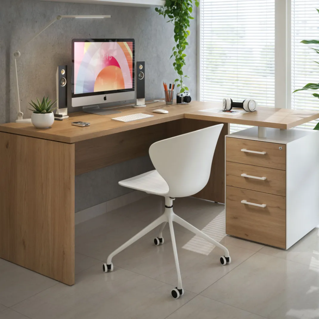Mesa de Escritorio con cajones en L Work Plus, ala corta, fondo 60, frontales melamina diseño monocolor