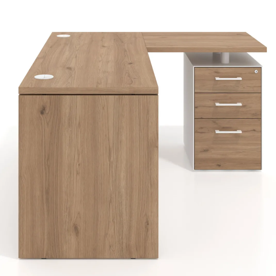 Mesa de Escritorio con cajones en L Work Plus, ala corta, fondo 60, frontales melamina diseño monocolor