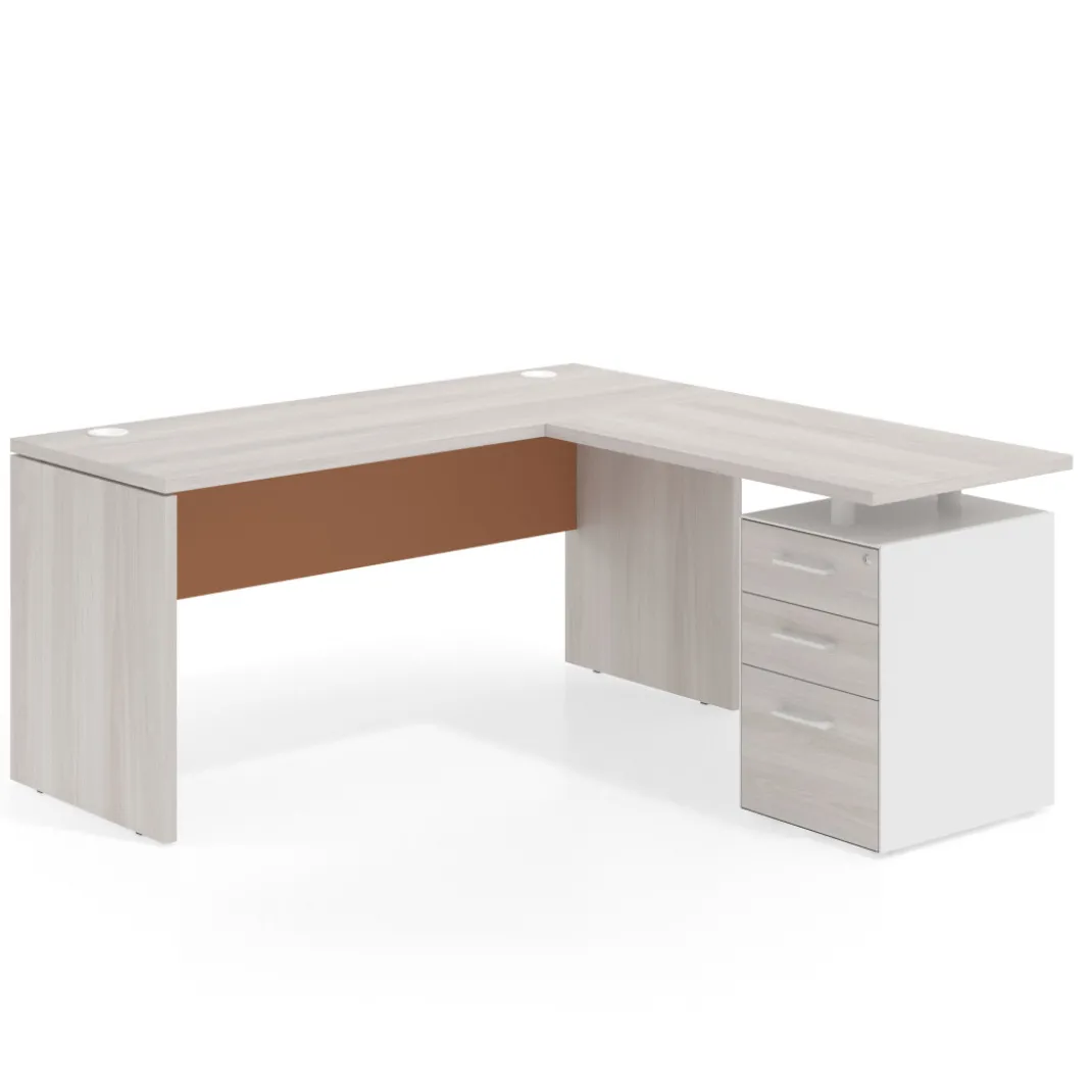 Mesa de Escritorio con cajones en L Work Plus fondo 60, frontales melamina estructura california