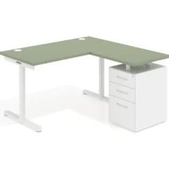 Mesa de Escritorio con cajones, fondo 68cm, estructura blanca, ala corta, pedestal metálico