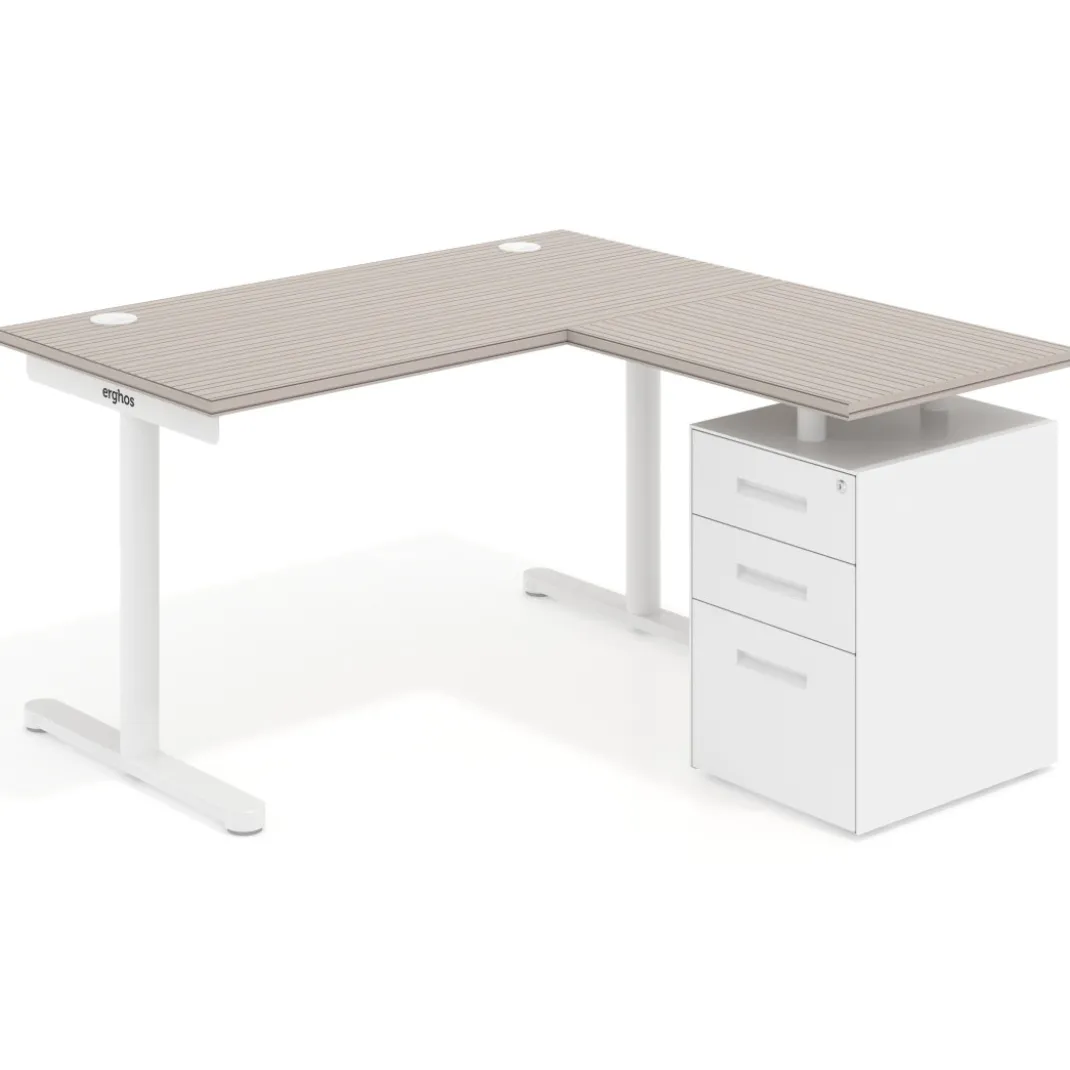 Mesa de Escritorio con cajones, fondo 68cm, estructura blanca, ala corta, pedestal metálico