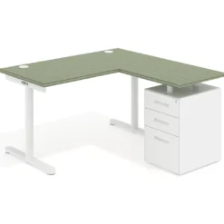 Mesa de Escritorio con cajones, fondo 68cm, estructura blanca, ala corta, pedestal metálico