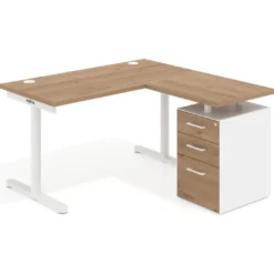 Mesa de Escritorio con cajones, fondo 68cm, estructura blanca, ala corta, pedestal melamina