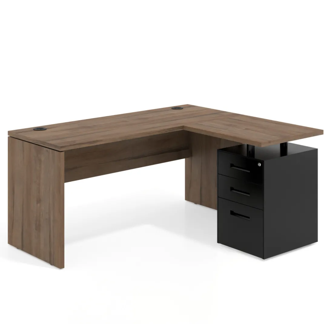 Mesa de Escritorio con cajones en L Work Plus, ala corta, fondo 60, frontales de metal diseño monocolor