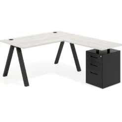Mesa de escritorio en L con cajones UvePro, estructura negra, ala pedestal metal