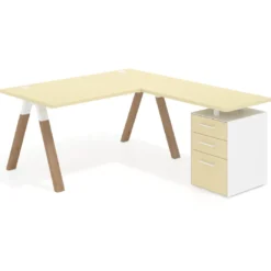 Mesa de escritorio en L con cajones UvePro, estructura blanca/madera, ala pedestal melamina