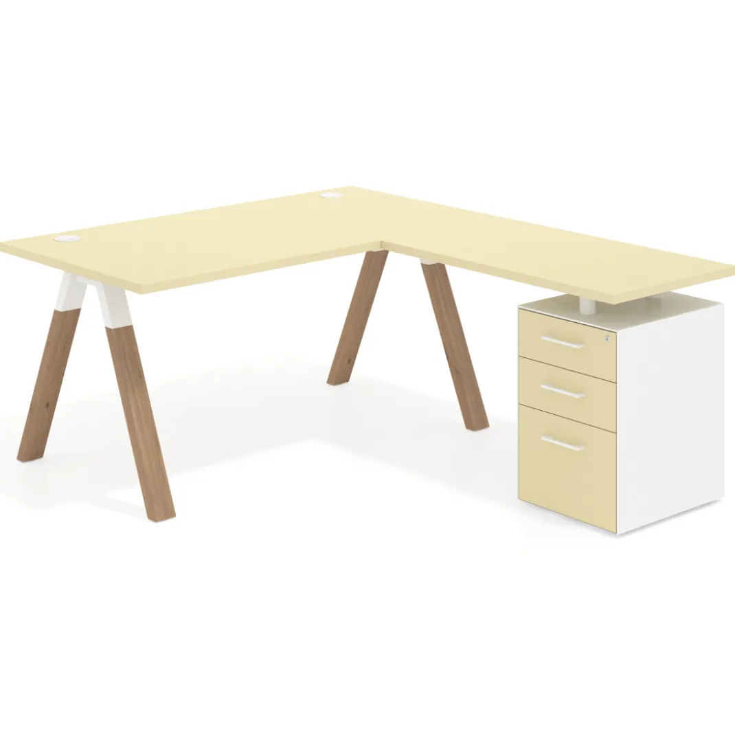 Mesa de escritorio en L con cajones UvePro, estructura blanca/madera, ala pedestal melamina