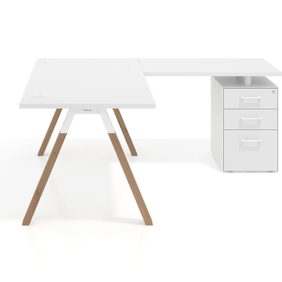 Mesa de escritorio en L con cajones UvePro, estructura blanca/madera, ala pedestal melamina