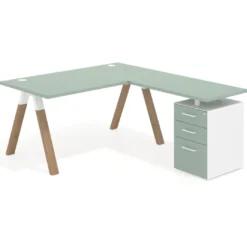 Mesa de escritorio en L con cajones UvePro, estructura blanca/madera, ala pedestal melamina