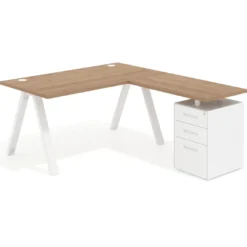 Mesa de escritorio en L con cajones UvePro, estructura blanca/madera, ala pedestal melamina