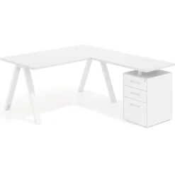 Mesa de escritorio en L con cajones UvePro, estructura blanca/madera, ala pedestal melamina