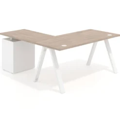 Mesa de escritorio en L con cajones UvePro, estructura blanca/madera, ala pedestal melamina