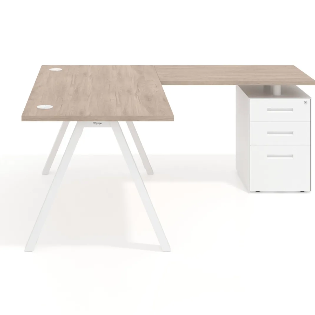 Mesa de escritorio en L con cajones UvePro, estructura blanca/madera, ala pedestal melamina