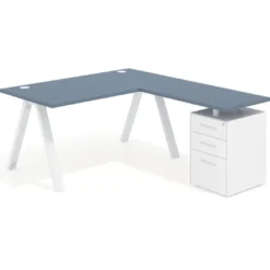 Mesa de escritorio en L con cajones UvePro, estructura blanca/madera, ala pedestal melamina