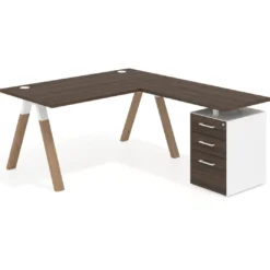 Mesa de escritorio en L con cajones UvePro, estructura blanca/madera, ala pedestal melamina