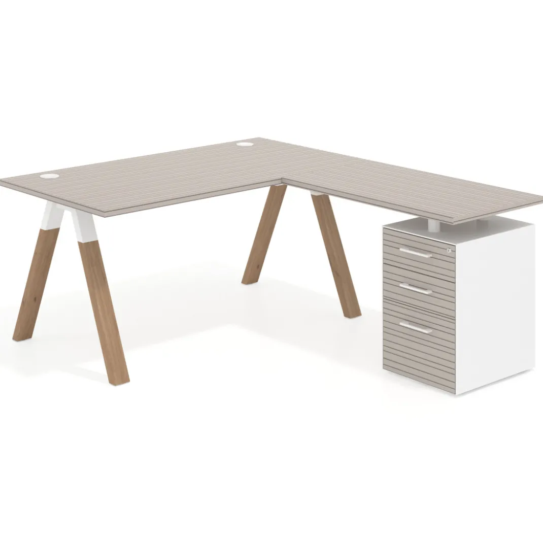 Mesa de escritorio en L con cajones UvePro, estructura blanca/madera, ala pedestal melamina